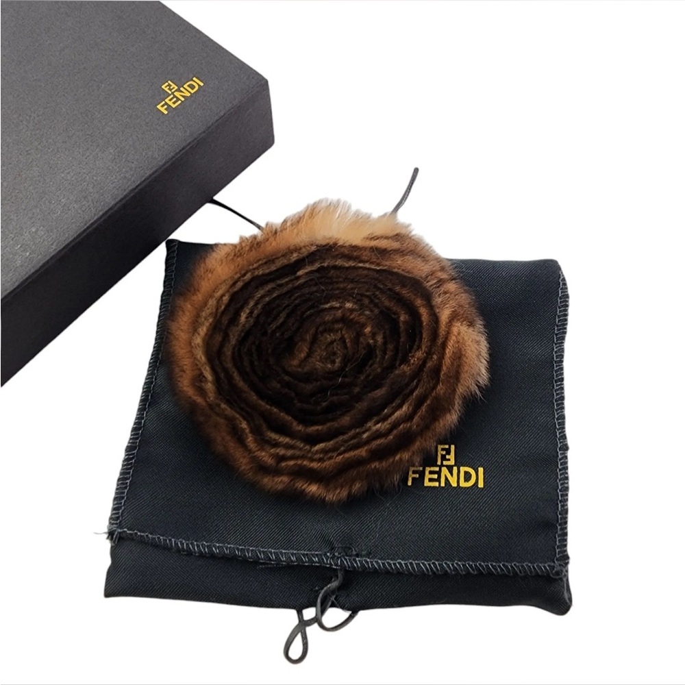Auth Fendi Rabbit Fur and Suede Rose Flower Brooch Pin